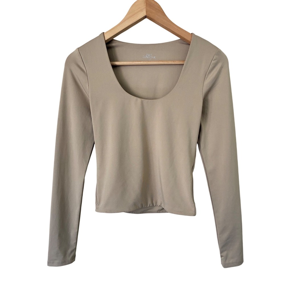 SWS Contour Beige Long Sleeve Scoop Neck Crop Top Small minimalist‎